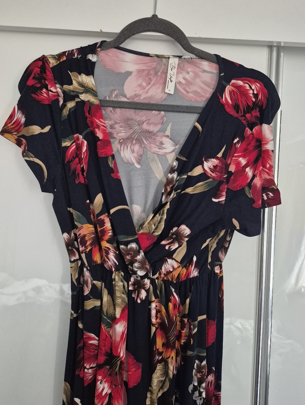 Black Floral Wrap Maxi Dress with Pink & Gold Accents - Picture 2 of 3